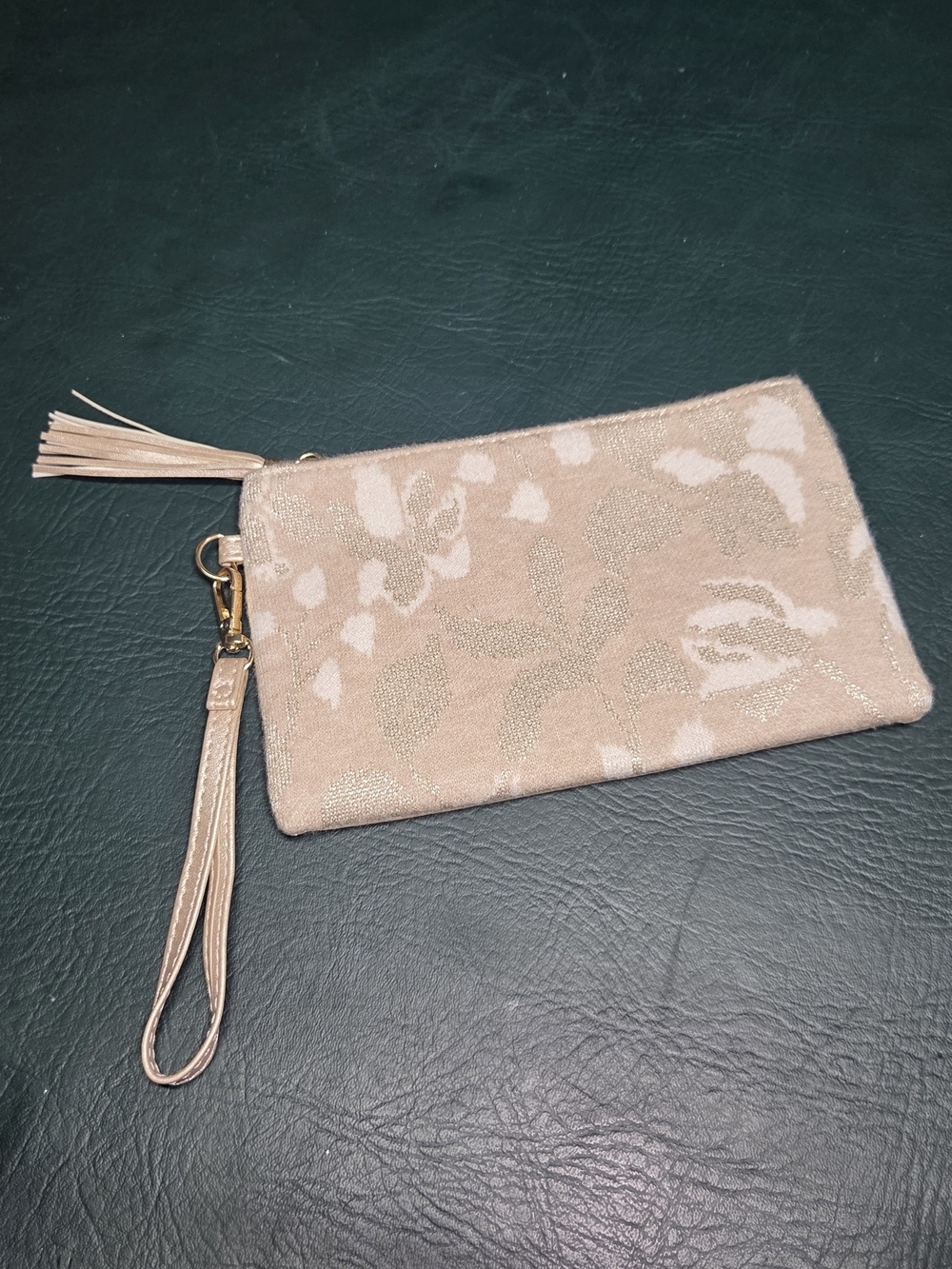 Neutral Beige Floral Wristlet Clutch - Elegant Everyday Bag
